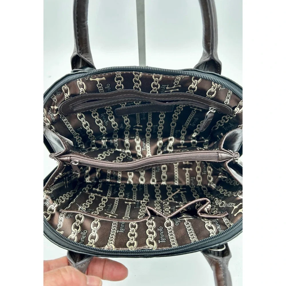 Tignanello Leather Satchel Womens Black Embossed Handbag Tassel‎ Classic